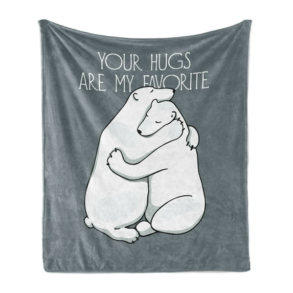 Bear Soft Flannel Fleece Blanket, Valentines Themed Your Hugs Lettering with Hugging Arctic Polar Animals Romance, Cozy Plush for Indoor and Outdoor Use, 50" x 60", Blue Grey White, by Ambesonne