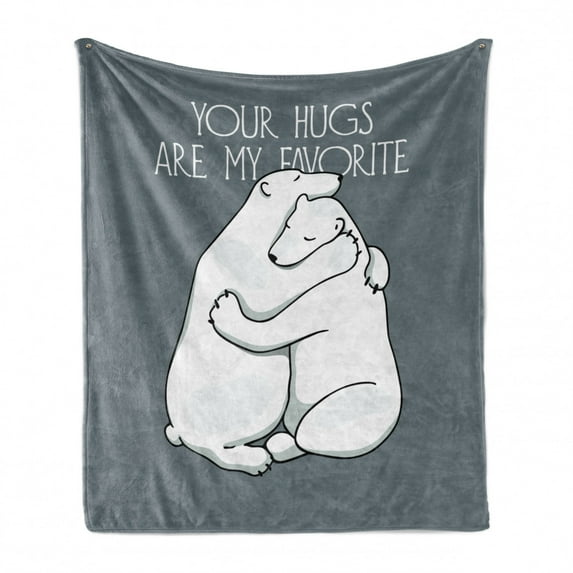 Bear Soft Flannel Fleece Blanket, Valentines Themed Your Hugs Lettering with Hugging Arctic Polar Animals Romance, Cozy Plush for Indoor and Outdoor Use, 60" x 80", Blue Grey White, by Ambesonne