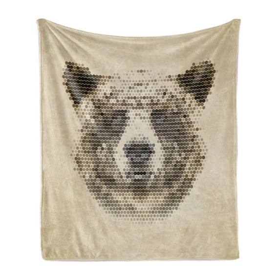 Bear Soft Flannel Fleece Blanket, Wild Animal Head with Hexagonal Dots Blurry Looking Portrait Vintage Geometric Modern, Cozy Plush for Indoor and Outdoor Use, 50" x 60", Tan Brown, by Ambesonne
