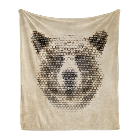 Bear Soft Flannel Fleece Blanket, Wild Animal Head with Hexagonal Dots Blurry Looking Portrait Vintage Geometric Modern, Cozy Plush for Indoor and Outdoor Use, 60" x 80", Tan Brown, by Ambesonne