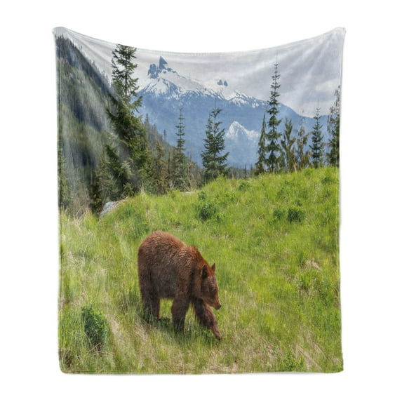 Bear Soft Flannel Fleece Blanket, Wildlife up in the Mountains Theme Furry Animal Carnivore Yellowstone Nature Habitat, Cozy Plush for Indoor and Outdoor Use, 70" x 90", Green Brown, by Ambesonne
