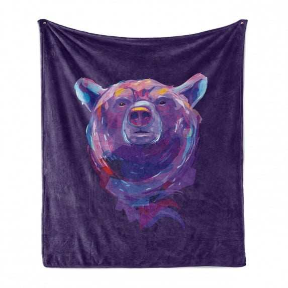 Bear Soft Flannel Fleece Throw Blanket, Abstract Portrait with Digital Brushstrokes Wildlife Mascot Display, Cozy Plush for Indoor and Outdoor Use, 50" x 60", Purple Pink Sky Blue, by Ambesonne
