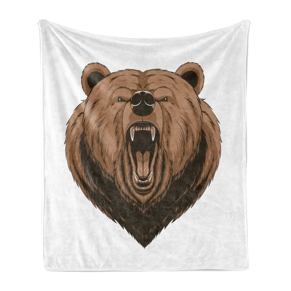 Bear Soft Flannel Fleece Throw Blanket, Angry Scary Face Powerful Vicious Beast Mascot Cartoon Character with Fangs, Cozy Plush for Indoor and Outdoor Use, 50" x 60", Caramel Dark Brown, by Ambesonne