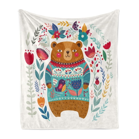 Bear Soft Flannel Fleece Throw Blanket, Cartoon with Flowers and Leaves Spring Inspired Botanical Composition, Cozy Plush for Indoor and Outdoor Use, 60" x 80", Multicolor, by Ambesonne
