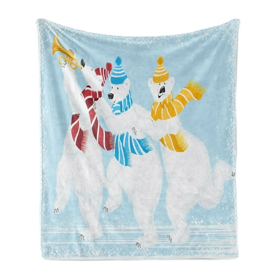 Bear Soft Flannel Fleece Throw Blanket, Christmas Time at North Pole Theme 3 Funny Characters Scarves and Trumpet, Cozy Plush for Indoor and Outdoor Use, 50" x 70", Multicolor, by Ambesonne