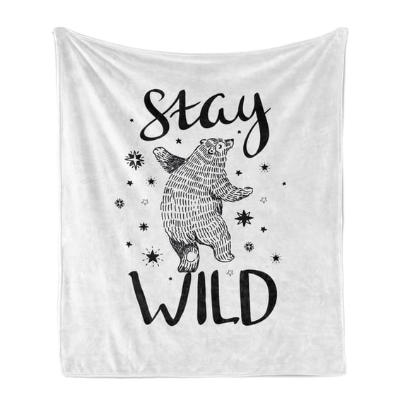 Bear Soft Flannel Fleece Throw Blanket, Dancing Animal Hand Drawn Style Little Stars Stay Wild Inspirational Words, Cozy Plush for Indoor and Outdoor Use, 60" x 80", Charcoal Grey White, by Ambesonne