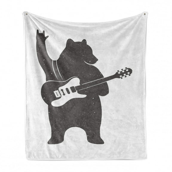 Bear Soft Flannel Fleece Throw Blanket, Fun Character Musician Guitar and Hand Gesture Grunge Retro Rock n' Roll, Cozy Plush for Indoor and Outdoor Use, 50" x 70", Charcoal Grey White, by Ambesonne