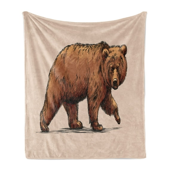 Bear Soft Flannel Fleece Throw Blanket, Ink Drawing Style Wildlife Beast Carnivore Walking Zoology Nature Themed Art, Cozy Plush for Indoor and Outdoor Use, 70" x 90", Brown Rose, by Ambesonne