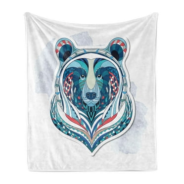 Bear Soft Flannel Fleece Throw Blanket, Ornamental Animal Face Totem Tattoo Style Vibrant Pattern, Cozy Plush for Indoor and Outdoor Use, 50" x 60", Multicolor, by Ambesonne