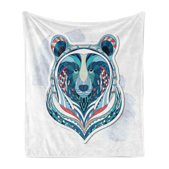 Bear Soft Flannel Fleece Throw Blanket, Ornamental Animal Face Totem Tattoo Style Vibrant Pattern, Cozy Plush for Indoor and Outdoor Use, 70" x 90", Multicolor, by Ambesonne