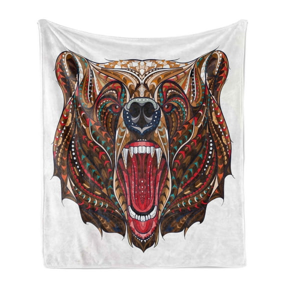 Bear Soft Flannel Fleece Throw Blanket, Patterned Head of Wild Predator Growling Eastern Motifs Ornaments, Cozy Plush for Indoor and Outdoor Use, 60" x 80", Brown Red Blue, by Ambesonne