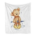 thumbnail image 1 of Bear Soft Flannel Fleece Throw Blanket, Teddy Toy Caught up in Rain Rubber Boots Holding an Umbrella Cartoon, Cozy Plush for Indoor and Outdoor Use, 70" x 90", Sand Brown Yellow Blue, by Ambesonne, 1 of 5