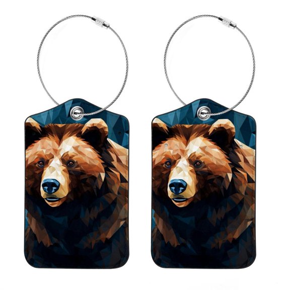 Bear Square PU Leather 2 Pack Travel Tag - Bag Tag - Suitcase Tag with Privacy Cover and Stainless Steel Ring - Suitable for Travel, Backpack, and Handbag