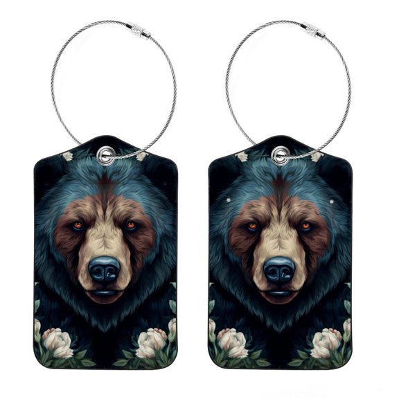 Bear Square PU Leather Luggage Tags, 2 Pack, with Privacy Cover and Stainless Steel Ring - Suitable for Travel, Backpack, Handbag - Bag Tags, Handbag Tags