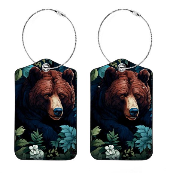 Bear Square PU Leather Luggage Tags, 2 Pack, with Privacy Cover and Stainless Steel Ring - Suitable for Travel, Backpack, Handbag - Bag Tags, Handbag Tags