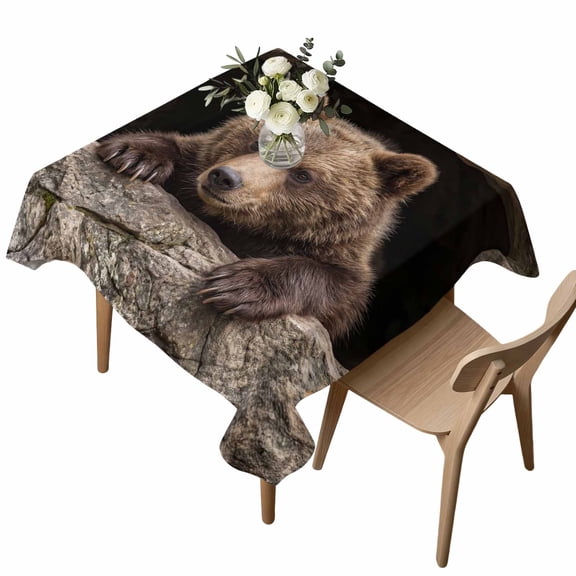 Bear Square Tablecloth Country Rustic Natural Forest Rock Cave Wild Animal Waterproof Wrinkle Free Soft Table Cloth Spill-Proof Washable Table Cover for Dining Party Picnic 54 x 54 Inch