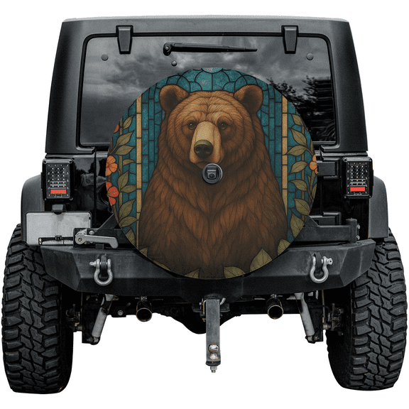 Bear Stained Glass Spare Tire Cover -Waterproof Durable Wheel Tire Cover, Decorative Rear Tire Protector