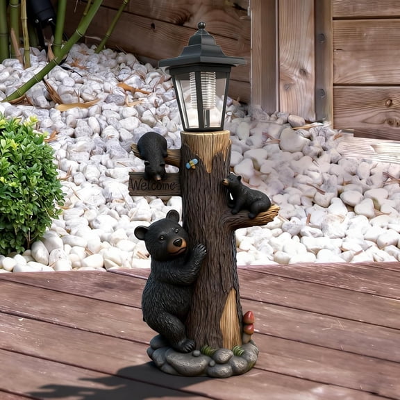 Bear Statue  Sign Garden Statue with Solar Lights, 19 Inches Resin Bear Family on The Tree, Outdoor Bear Dcor for Yard, Garden, Lawn, Patio, Black$$Garden & Patio