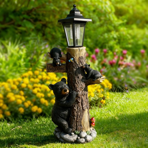 Bear Statue Welcome Sign Garden Statue with Solar Lights, 19 Inches Resin Bear Family on The Tree, Outdoor Bear Dcor for Yard, Garden, Lawn, Patio, Black and Brown Animal Statue