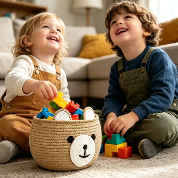 Bear Storage Basket 1 Pack, Kids Foldable Cotton Laundry Basket, Woven Storage Baskets with Handles for Toys Organizer Clothes Hamper and Baby Nursery Decor, 27x27x22cm
