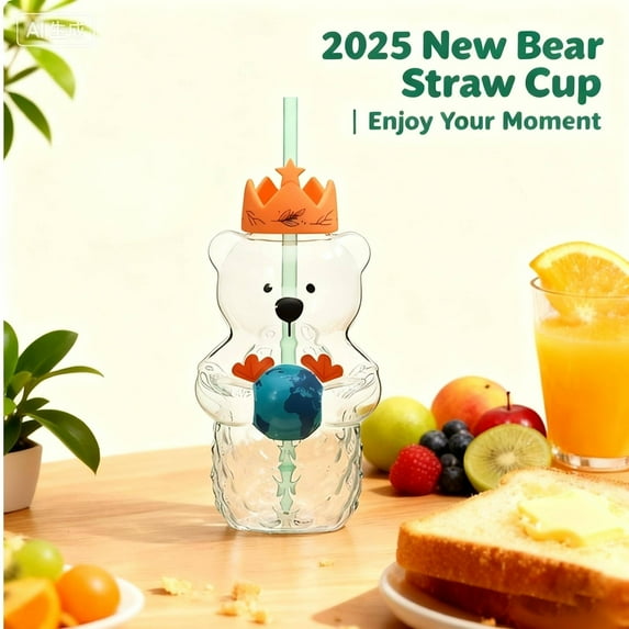 Bear Straw Cup 2025 – Cute 20oz Clear Glass Mug with Straw, Magic Bear Design for Coffee, Beer, Wine & Valentine’s Day Gifting