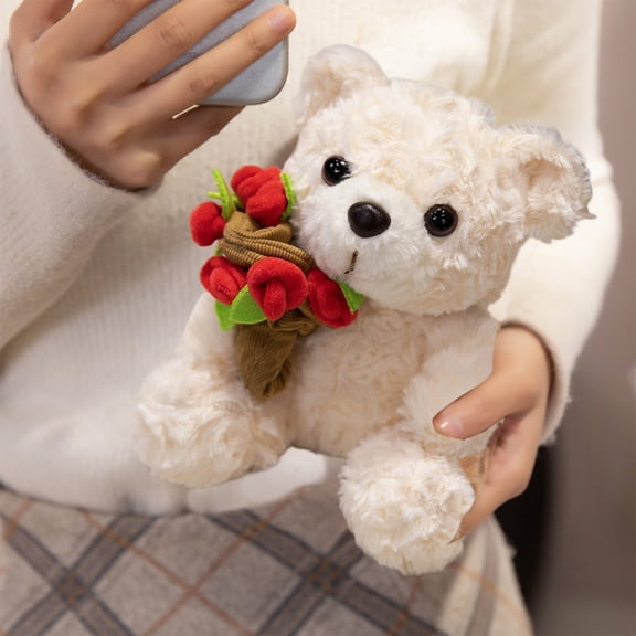 Bear Stuffed Animal,Rose Bear,8IN Bear Doll Teddy Bear Rose Bear Doll Birthday Gift,Plush Bear with Rose,Cute Small Bear Soft Stuffed Animal Plush Doll for Valentines Wedding(White B)