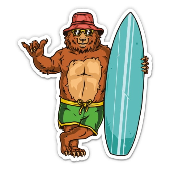 Bear Surfing Shaka California - 5" Vinyl Sticker - For Car Laptop I-Pad - Waterproof Decal