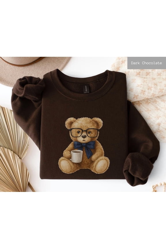 Bear Sweatshirt, Preppy Teddy Bear Sweater, Trendy Graphic Crewneck, Cute Coffee Bear Pullover, Gift for Him or Her Cozy Aesthetic Crewneck