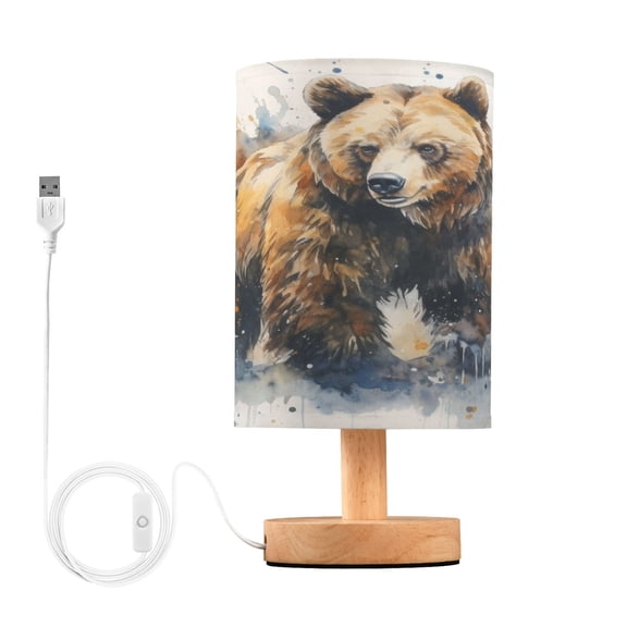 Bear Table Lamp USB Bedside Desk Nightstand Lamp Printed Gifts Small Lamp Wood Base for Bedroom Living Room Kids Room College Dorm