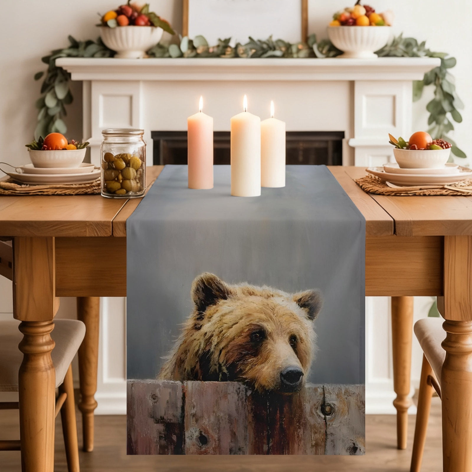 Bear Table Runner 13x108 Inch Fog Misty Woods Animal Cotton Linen ...