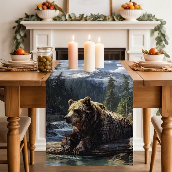 Bear Table Runner, Animal Snow Mountain Nature Pine Forest Washable ...