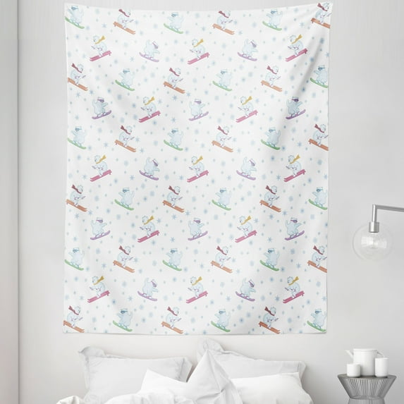 Bear Tapestry, Funny Polar Teddy Bears on Snowboards Skiing with Scarf and Glasses Ornate Snowflakes, Fabric Wall Hanging Decor for Bedroom Living Room Dorm, 5 Sizes, Multicolor, by Ambesonne
