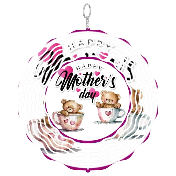 Bear Teacup Mother’s Day 3D Wind Spinner Kinetic Metal Hanging Cute Mom Tea Lover Gift Round