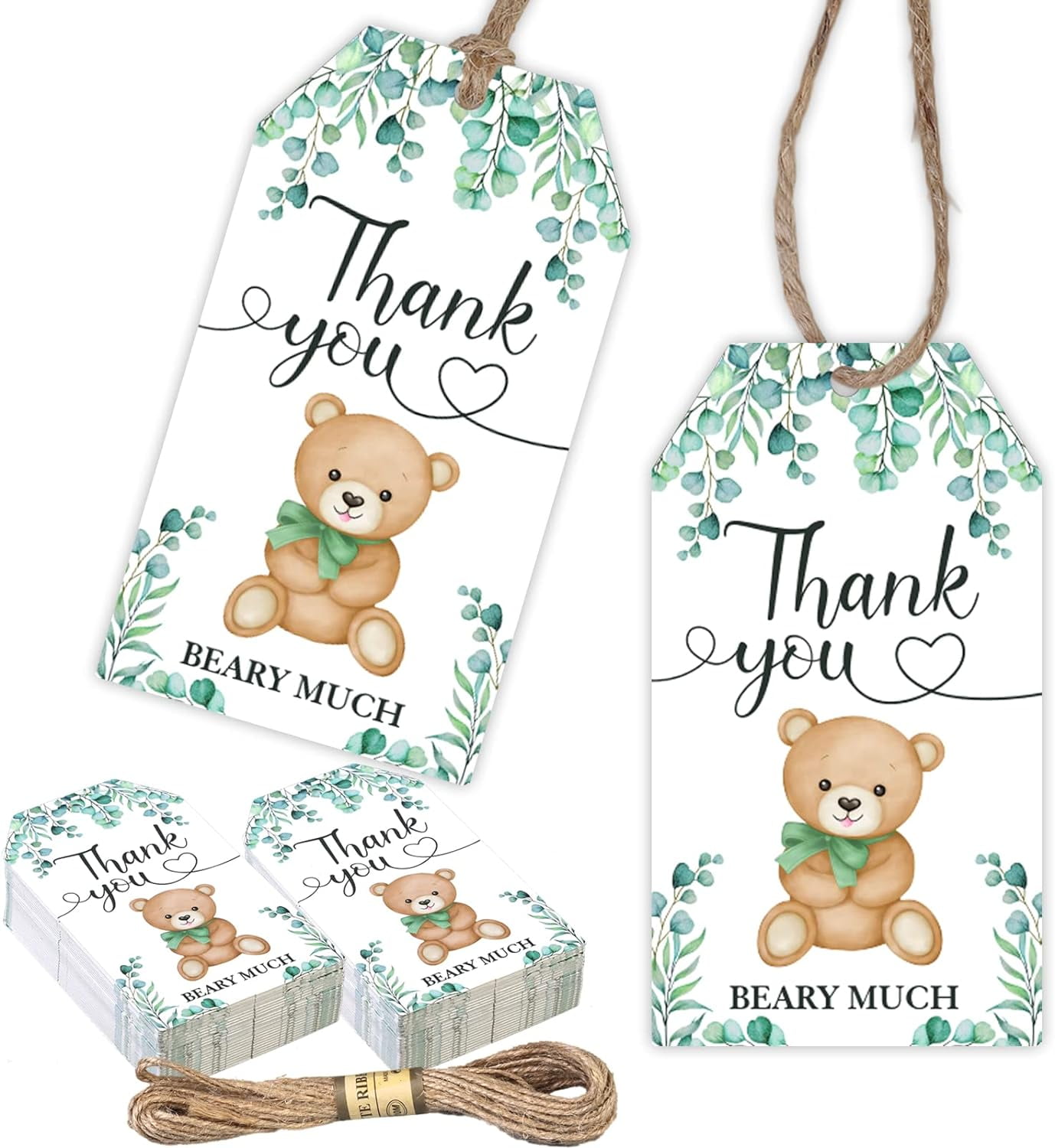 Bear Thank You Tags, 50pcs Green Gift Tags with String for Baby Shower ...