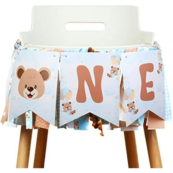 Bear Theme 1st Birthday High Chair Banner, Blue Brown First Birthday Party Decorations, Baby Shower One Garland Banner Photo Props Party Supplies for Boys Girls