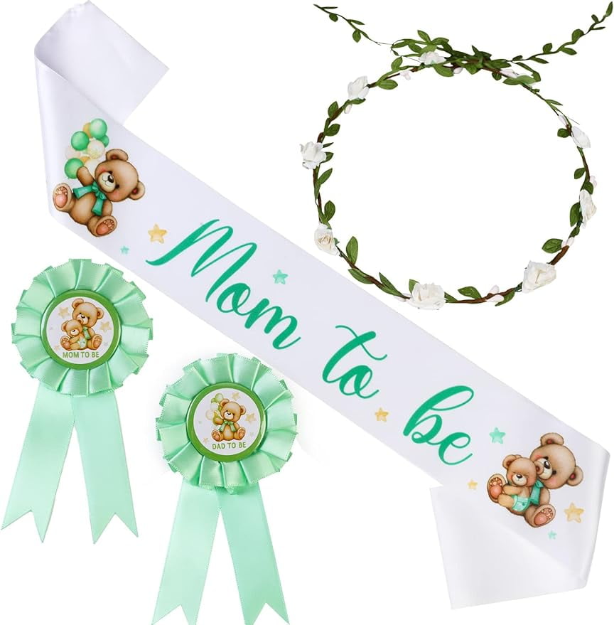 Bear Theme Baby Shower Mom Sash, Green Mom And Dad To Be Pins White Flower Crown for Gender Reveals Party Favors Decorations for Boys and Girls Pregnancy Props Keepsake Gifts