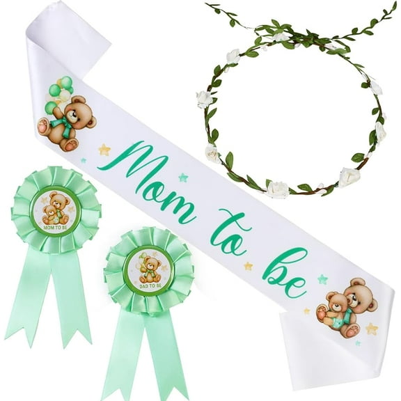 Bear Theme Baby Shower Mom Sash, Green Mom And Dad To Be Pins White Flower Crown for Gender Reveals Party Favors Decorations for Boys and Girls Pregnancy Props Keepsake Gifts