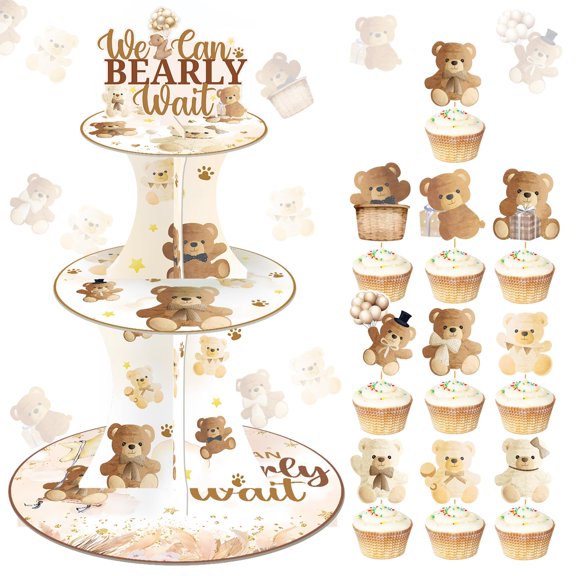 Bear Themed Cupcake Stand with 10 Teddy Bear Toppers Baby Shower Decor 3-Tier Set