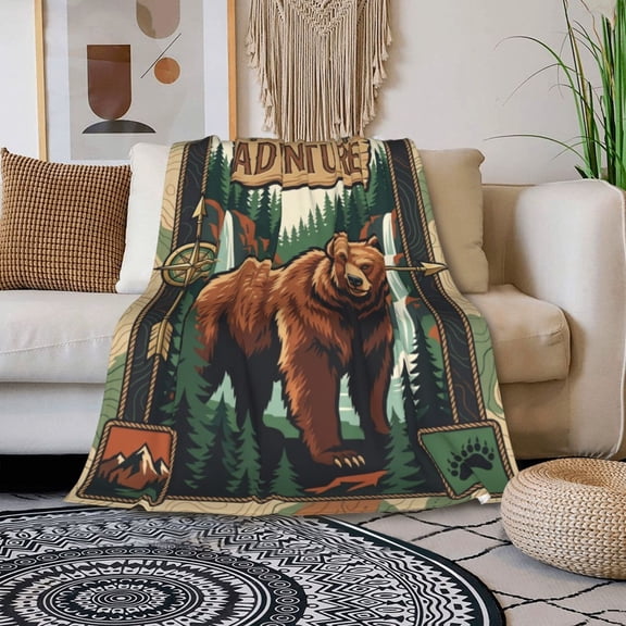Bear Throw Blanket, Country Hunting Wild Animal Theme for Sofa, Rustic Lodge Living Room Accent 50x40