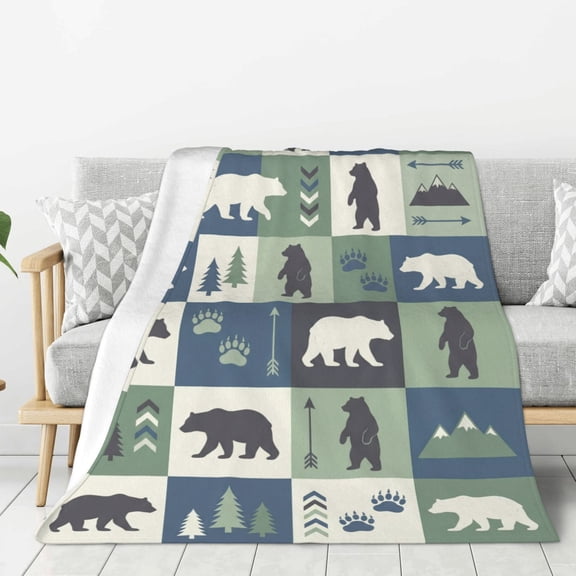 Bear Throw Blanket, Elegant Navy Blue Rustic Lodge Style Forest Animal Blanket Anniversary Gift 50x40