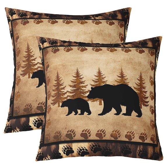 Bear Throw Pillow Covers 18"x18" Set of 2 Soft Wild Animal Cushion Covers for for Couch Sofa Rustic Cabin Country Nature Wildlife Bear Tree Yellow Brown Decorative Pillowcases Outdoor Pillows Covers