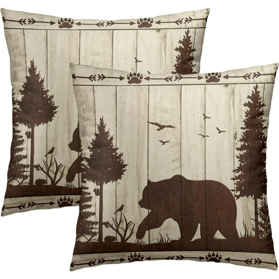 Bear Throw Pillow Covers Set of 2 Soft Wild Animal Rustic Wood Grain Cabin Brown Decorative Pillowcases Cushion Cover for for Couch Sofa Outdoor Indoor Farmhouse Home Decor
