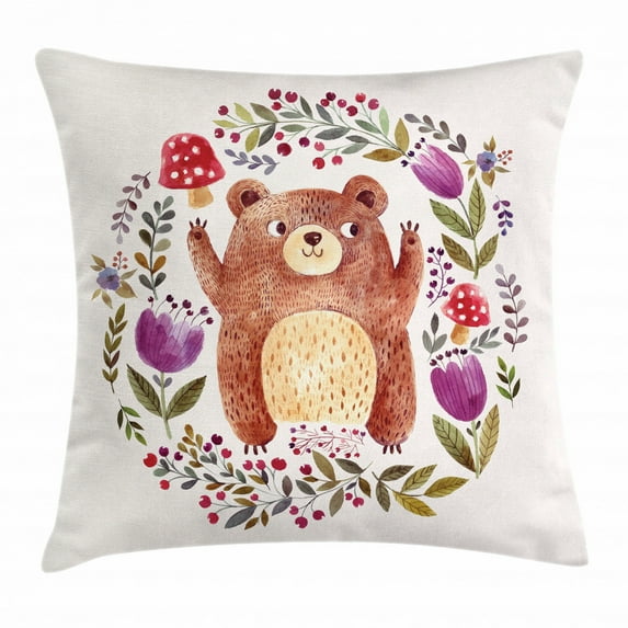 Bear Throw Pillow Cushion Cover, Baby Mammal Surrounded with Floral Wreath Bouquet Tulip Blossom Mushroom Watercolor, Decorative Square Accent Pillow Case, 18 X 18 Inches, Multicolor, by Ambesonne