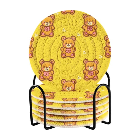 Bear Tile Yellow Pattern Bar Coasters 6 Pack Braided Coasters with Holder Absorbent Heat Resistant