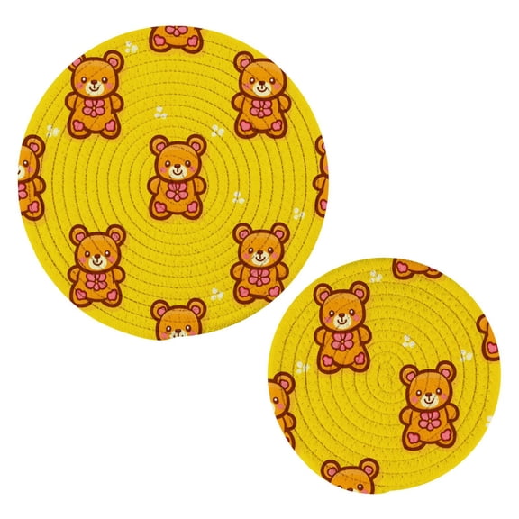 Bear Tile Yellow Pattern Cotton Trivets Potholders Set of 2 Handmade Heat Resistant Non Slip Absorbent