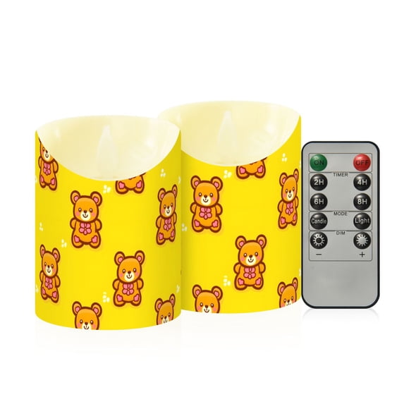 Bear Tile Yellow Pattern Flameless Candles 2 PCS with Remote Realistic Moving Flame LED Tapered Pillar Set for Home Decor