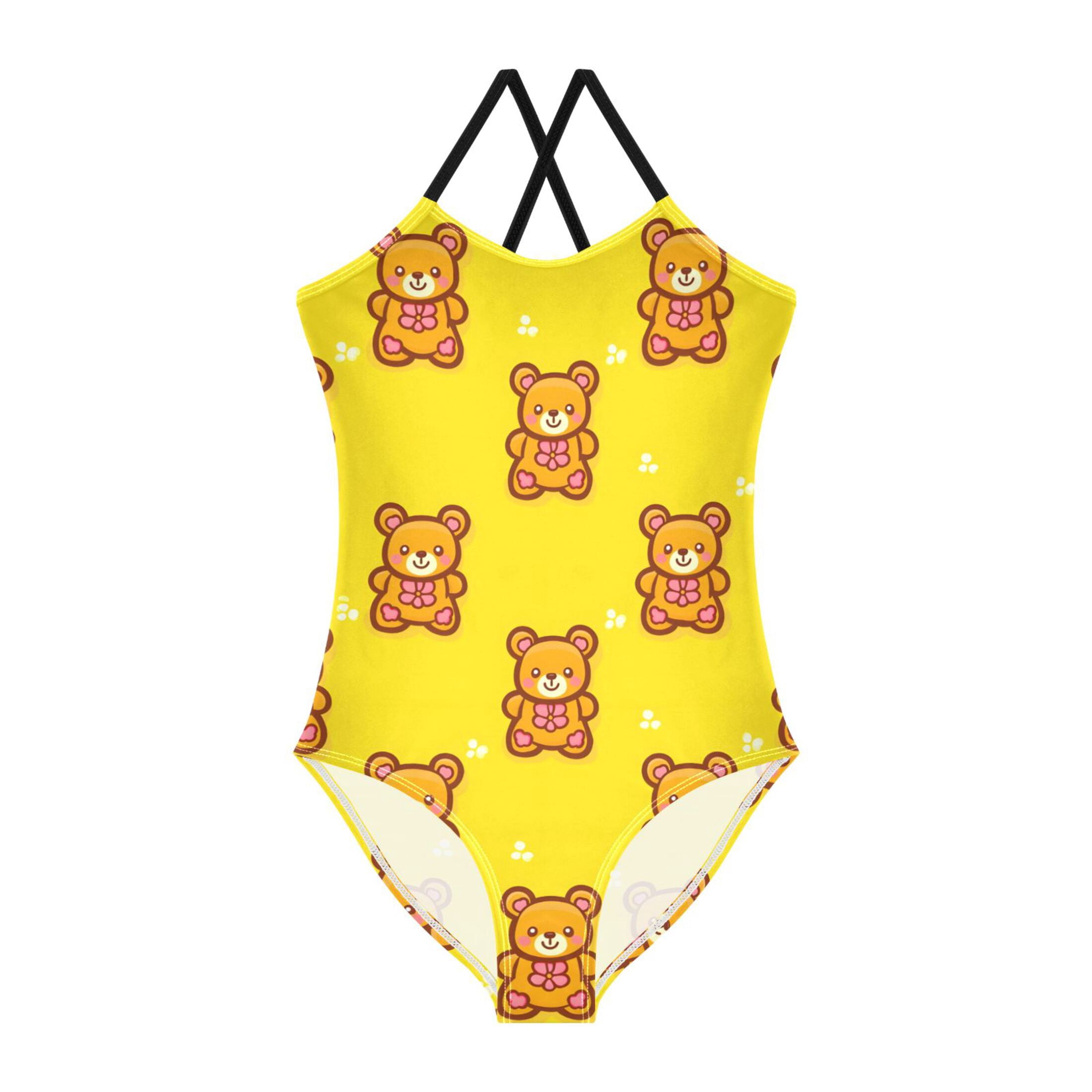 Bear Tile Yellow Pattern Girls' One-Piece Swimwear 3T-10T Soft Stretchy ...