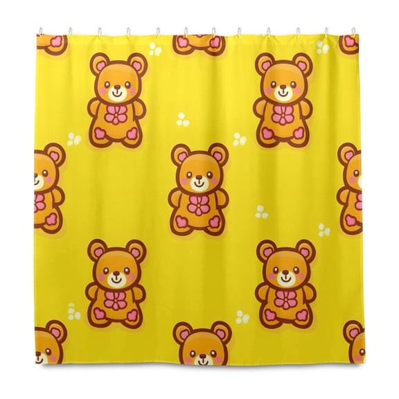 Bear Tile Yellow Pattern Shower Curtain Liners Waterproof 72 Inch with C Shaped Curtain Hooks