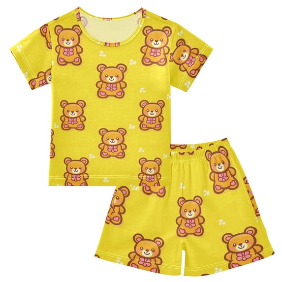 Bear Tile Yellow Pattern Summer Pajama Set Soft Cotton Short Sleeve Sleepwear 2PCS Pajama Sets Breathable Lounge Set Size 6Y