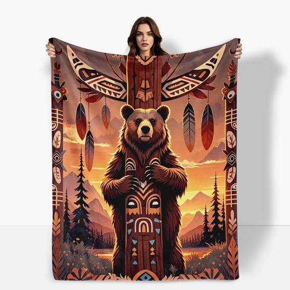 Bear Totem Pillar Design Flannel Blanket Soft Warm Comfortable For Sofa Bed Travel Camping Living Room Office Chair Polyester Fiber Gift For Family Or Friends